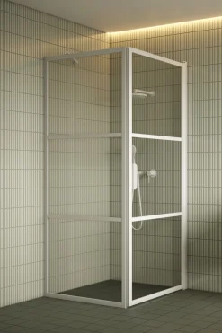 Suihkunurkka Hietakari Bläk 760 Tokyo valkoinen kiinteä seinä ja kääntyvä ovi mittatilaus