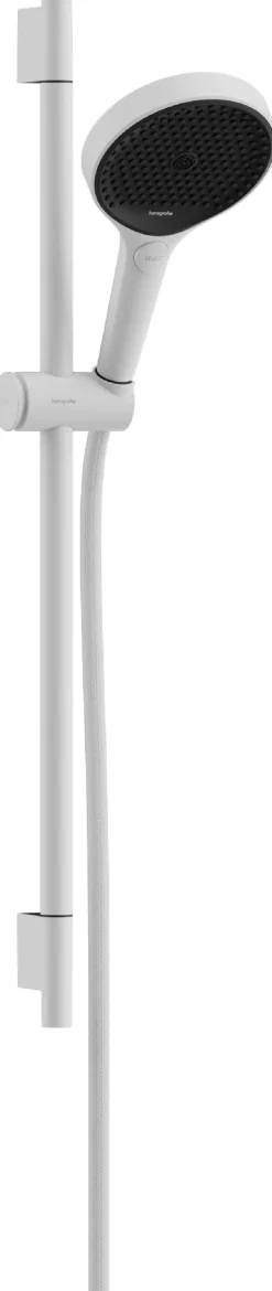 Suihkusetti Hansgrohe Rainfinity 130 3jet EcoSmart, suihkutanko S Puro 65 cm, liu'ulla ja Designflex-tekstiilisuihkuletkulla 160 cm, mattavalkoinen