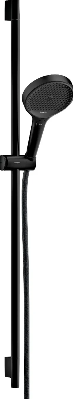 Suihkusetti Hansgrohe Rainfinity 130 3jet, suihkutanko S Puro 90 cm, liu'ulla ja Designflex-tekstiilisuihkuletkulla 160 cm, mattamusta