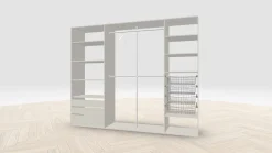Vaatehuoneen kaapisto Mirror Line, leveä I-malli laatikoilla, koreilla ja vaatetangoilla, 2600x2100x510mm, eri värejä