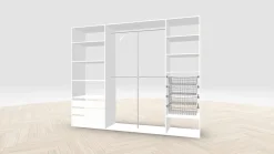 Vaatehuoneen kaapisto Mirror Line, leveä I-malli laatikoilla, koreilla ja vaatetangoilla, 2600x2100x510mm, eri värejä